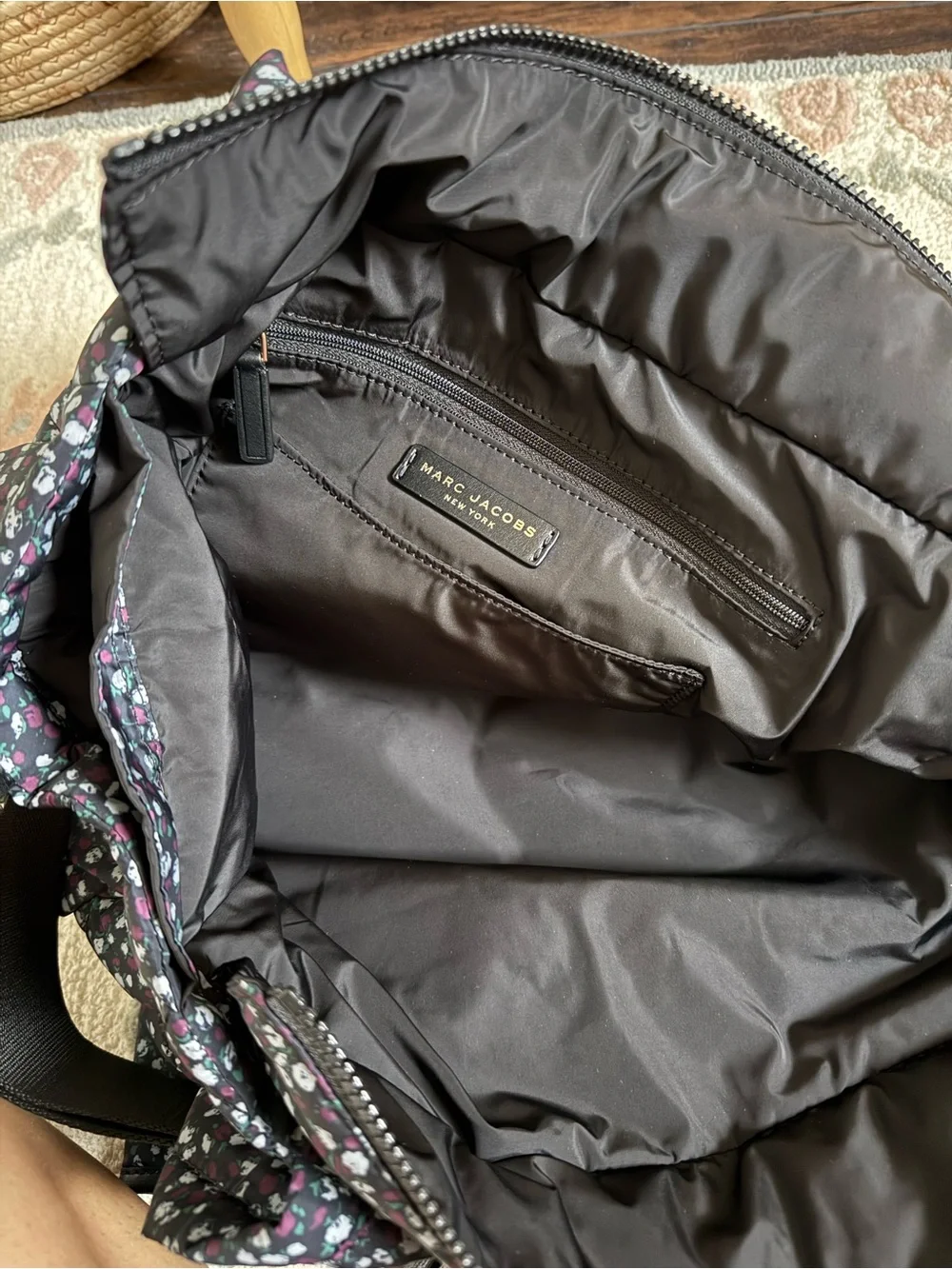 Marc Jacobs Black Quilted Floral diaper bag with Matching changing pad